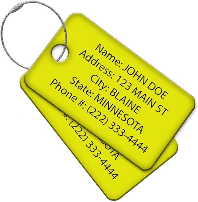 Custom Luggage Tags used for Travel Tags for Luggage, Luggage Tags for Suitcases, Travel Luggage. Made with Eye Catching High Visibility High Impact Acrylic. Each Luggage Tag includes a Wire Ring Loop