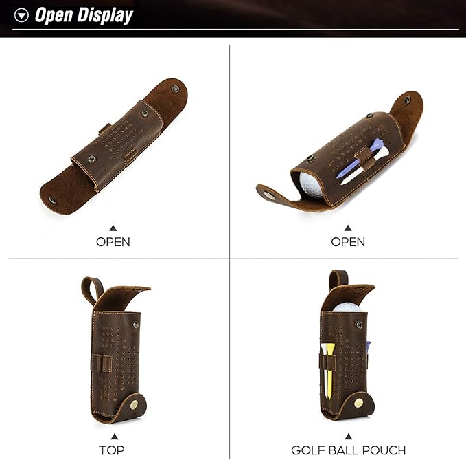 Top Grain Genuine Leather Golf Ball Pouch Holder, Vintage Design, Handmade No Logo, Portable and Holds Up to 3 Balls & 4 Tees, Golf Accessory Gift for Man & Woman
