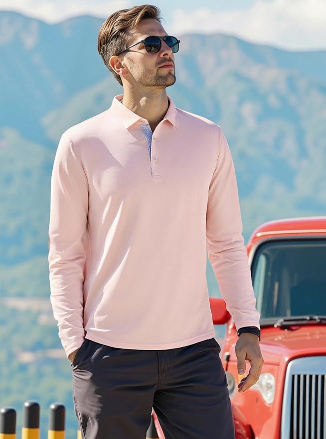 Alex Vando Mens Golf Shirt Moisture Wicking Quick-Dry Solid Long Sleeve Polo Shirts for Men
