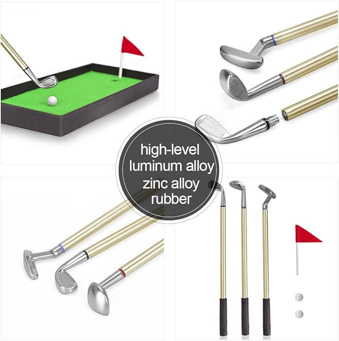 Juboury Mini Desktop Golf Pen Gift Set with Putting Green, Flag, 3 Golf Club Pens & 2 Balls