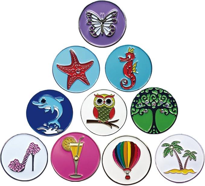 Lot of 10 Golf Ball Markers Assorted Patterns - Soft Enamel Technique