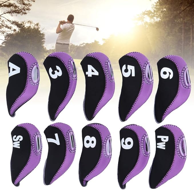 10Pcs Head Covers for Golf Clubs, Neoprene Golf Iron Covers Set with Number Convenient, Soft Universal Iron Club Head Cover for Outdoor, Sports Lovers, Black Purple