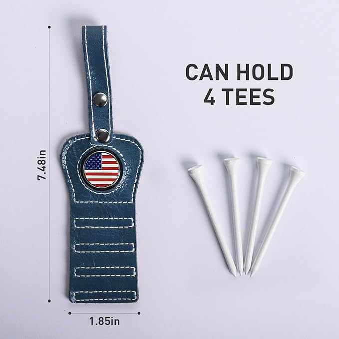 Golf Tee Holder with USA Ball Marker 4 Pcs White Wood Tees, Portable Hold Different Tee Leather Gift Hook Hanging Clip to Golf Bag Belt