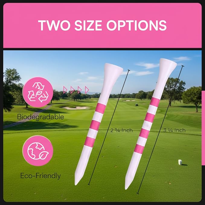 Bamboo Golf Tees Supporting Breast Cancer Research | 10% Profit Donation | Two Size Options (2 3/4" & 3 1/4") | Striped Pink and White | Biodegradable & Eco-Friendly