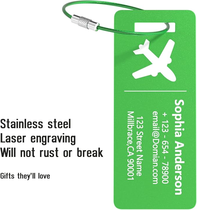 4 Pack Personalized Luggage Tags, Custom Engraved Aluminum Luggage Tags with Your Personalized Text, Waterproof Metal Name Tags with Steel Loop for Bags, Suitcase, Baggage, Backpack (Green, Small)