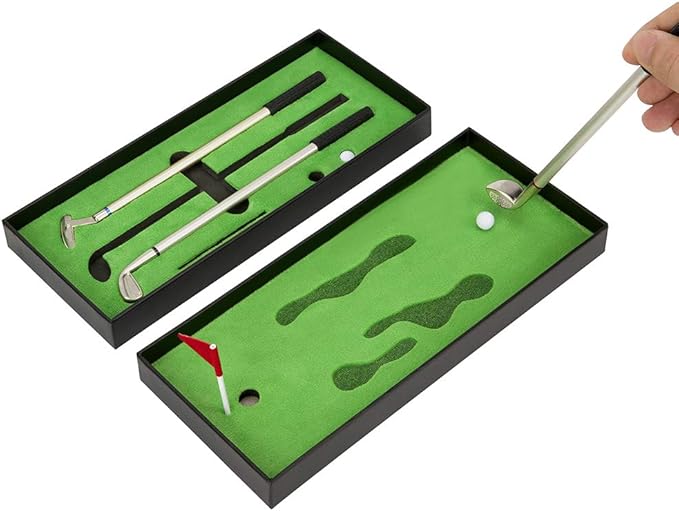 Golf Pen Set, Mini Desktop Golf Ball Pen, Top Golf Gift with Putting Green, 3 Golf Clubs Pens with Balls and Flag