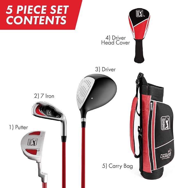 PGA Tour Youth Golf Club Set – Ages 3-5 (3’6”-4’1”) and 5-8 (4’1” - 4'8") Right and Left Handed Beginner Junior Golf Clubs with Lightweight Golf Bag, Mallet Putter, Driver by Golfgen