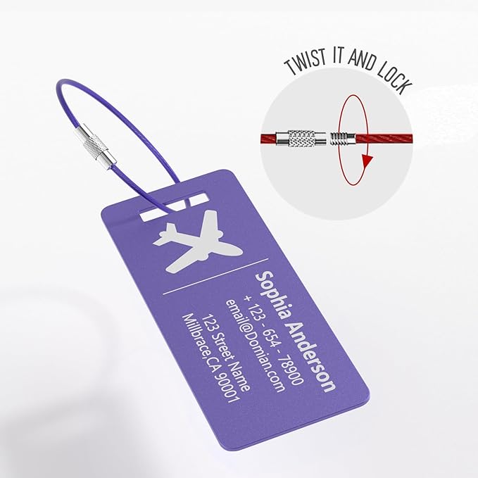 10 Personalized Metal Luggage Tags, Custom Suitcase Aluminum Name Tags with Steel Ring, Laser Engraved Name and Logo, for Travel, Backpack, Baggage, Golf Bag (Purple)