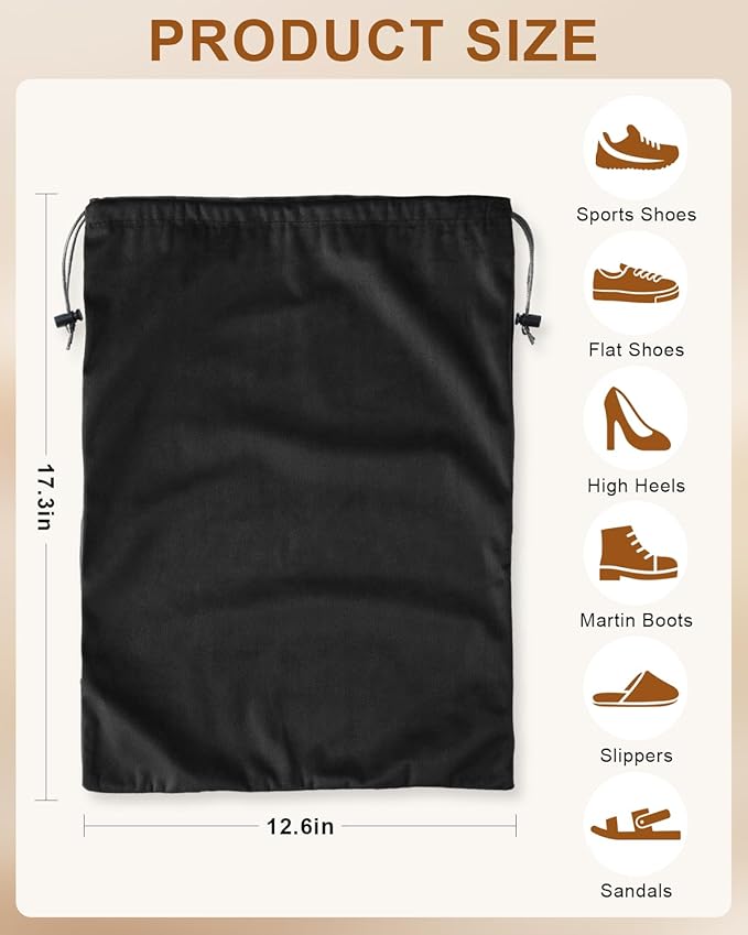 FantasyLife Shoe Bags for Travel, Washable Dust Bags for Storage & Packing, Flannel Shoe Pouch with Drawstring Closure for Purses, Handbags, Shoes & Toys (4, Black Beauty)