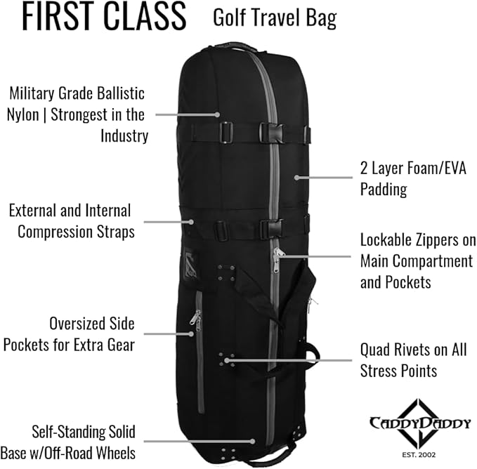 CaddyDaddy First Class Military Grade Ballistic Nylon Travel Cover with EVA Dense Foam Top Padding 2 Year Full Replacement Coverage Self Standing Base XL Wheels Case for Transporting Clubs on Airlines