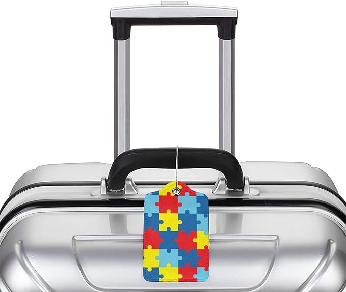 Autism Awareness Puzzles 2 Pcs Luggage Tags, Privacy Cover Id Label with Stainless Steel Loop and Address Card for Suitcases & Travel Bags