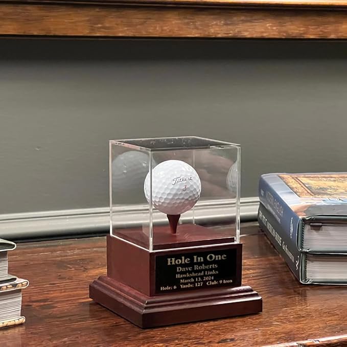 Acrylic Hole in One Golf Ball Display with Wood Base | Includes Engraved Plate | Cherry or Black Base | Removable Top | Made in The USA