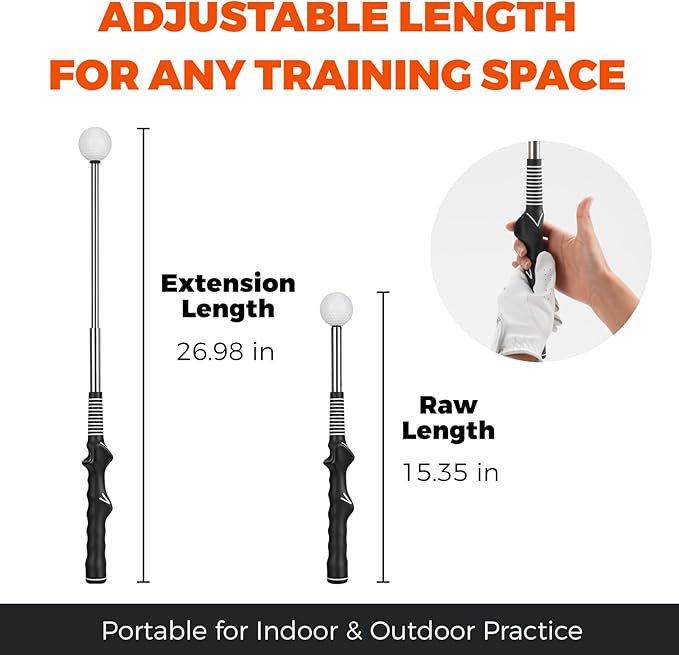 Golf Swing Trainer – Retractable Click Stick Grip & Tempo Trainer for Right-Handed Golfers, Stainless Steel Shaft Golf Training Aid for Indoor & Outdoor Swing Practice