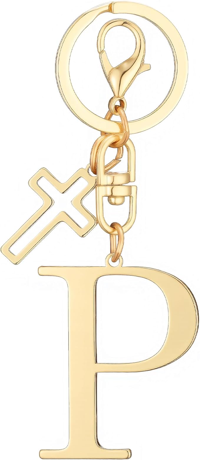 Gold Initial Keychain for Women A-Z Letter Cross Keychains Alphabet Key Chain bag Accessories Gift for Christian