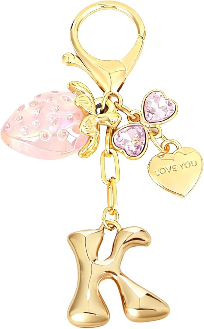 Snycler Bubble Initial Keychain with Strawberry & Bow- Gold Letter Bag Charms for Women, Cute Purse Handbag Accessories