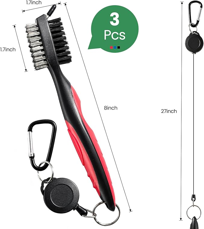 Golf Club Brush and Club Groove Cleaner with Retractable Zip-line and Aluminum Carabiner Cleaning Tools