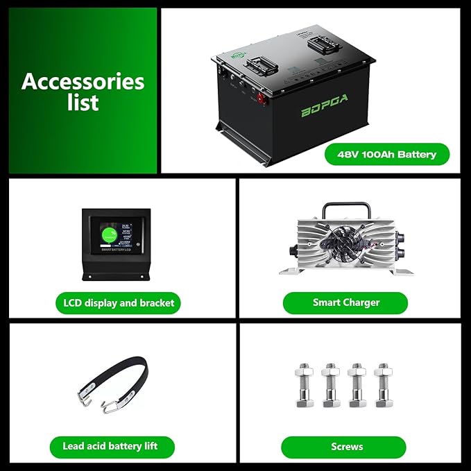 48V 100Ah Lithium Battery Golf Cart with Charger, Golf Cart Batteries Built-in Smart Bluetooth 200A BMS,4000+ Cycles LiFePO4 Battery, 45-Mile Range, Touch Monitor & Mobile APP