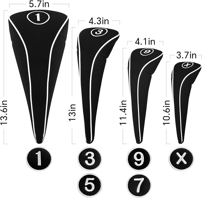Golf Club Head Covers with Zipper - Balck Golf Club Covers for Woods and Driver Fairway Hybrids, Golf Accessories Headcovers Set