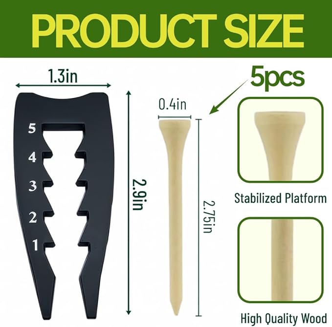 Zinc Alloy Golf Tee Height Setter - 5 Adjustable Settings 3-in-1 Divot Repair Fork & Groove Cleaner + 5 Golf Tees for Stable Consistent Swings