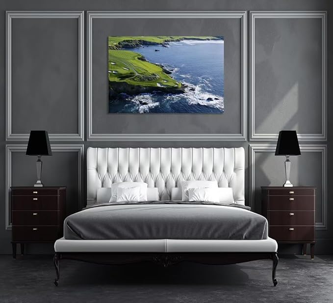 Pebble Beach Golf Course Canvas Wall Art for Living Room Bedroom Bathrooom Home Decorations California Coastal Golf Course Picture Poster Framed Artwork Ready to Hang(18''H x 24''W)