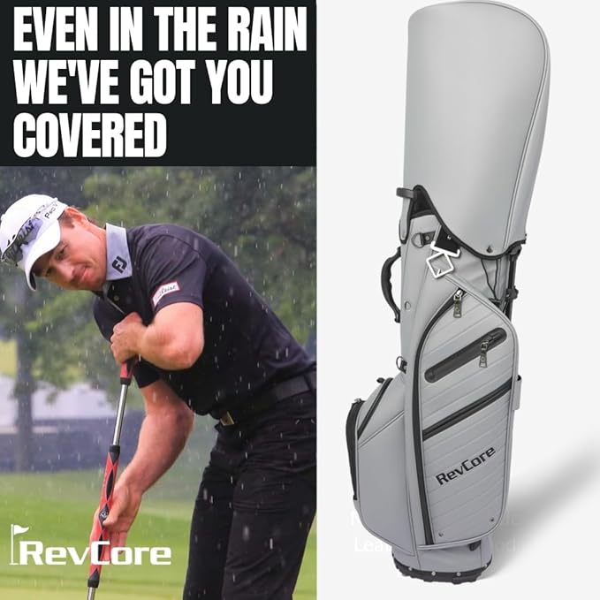RevCore LT Lightweight Golf Stand Bag by CaddyDaddy – Premium Synthetic Leather Carry Golf Bag for Men & Women with 5-Way Divider, Cooler Pocket, Dual Strap – Golf Bag with Stand