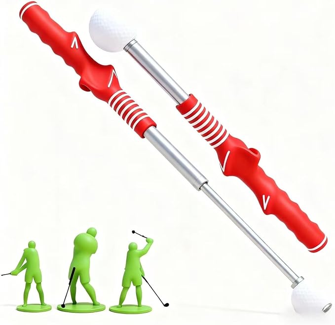 Retractable Golf Swing Training Aid,Right-Handed Golf Swing Trainer, Golf Grip Trainer with Click Feedback, Ergonomic Grip Golf Stick for Practice Correction Indoor Outdoor Hitting Red