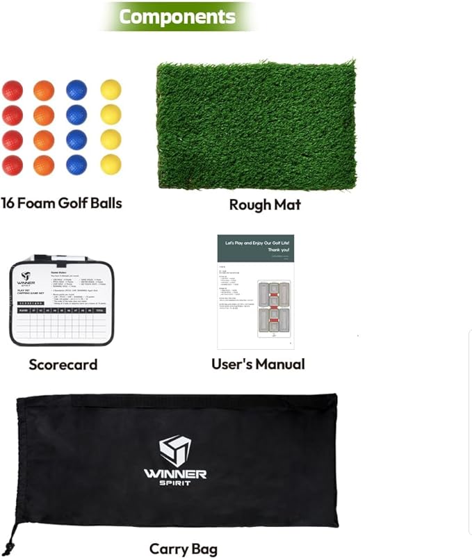 WINNER SPIRIT Play 707 Golf Chipping Game Net with Rough Mat, 16 Foam Golf Balls, Scorecard, Carry Bag | Golf Chipping Trainer Training Indoor Outdoor Outside Park Beach Backyard (Clubs not Included)