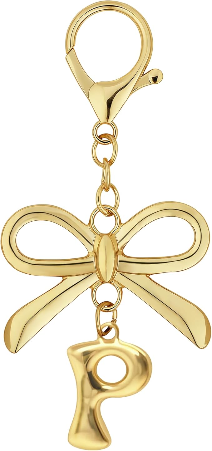 Gold Bubble Heart, Cherry, Bow & More Designs Letter Initial Keychain Bag Charms – Cute Purse Charms for Handbags