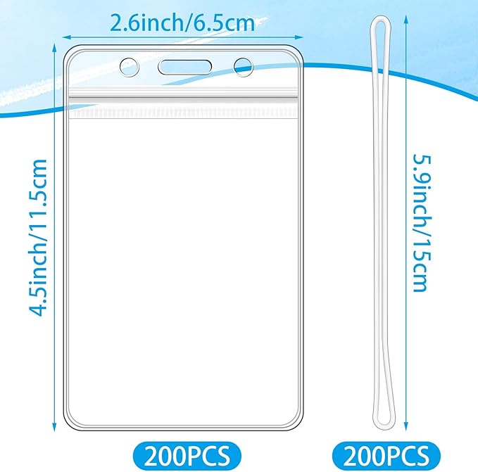200-Piece Set of Clear Plastic Luggage and Badge Tag Holders, Ideal for ID Cards - Comes with 200 Matching Luggage Tag Loop Straps, Perfect Office, Business, and Travel Supplies