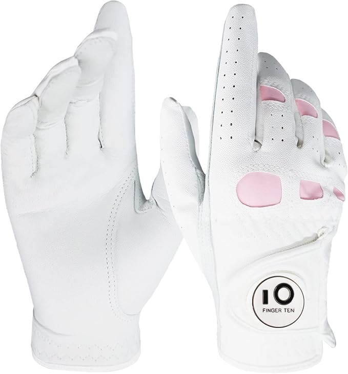 FINGER TEN Women’s Leather Golf Glove with Ball Marker Ladies Gloves Left Right Handed Golfer Extra Grip 1 Pack, Left Right Hand Pink Fit Woman Girl, Size Small Medium Large XL