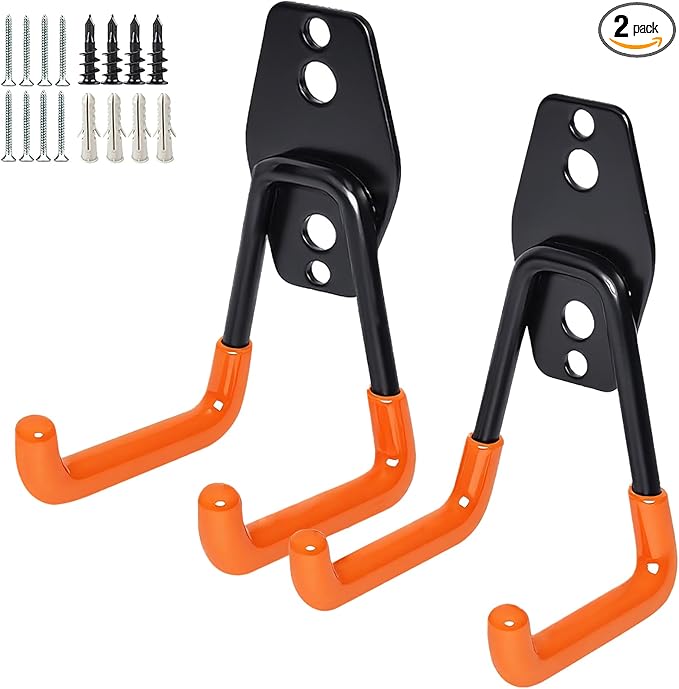 2 Pack Garage Storage Utility Hooks，Garage Garden Tool Organizer，Steel Wall Mount Hooks, Garden Small U Hooks (Orange)