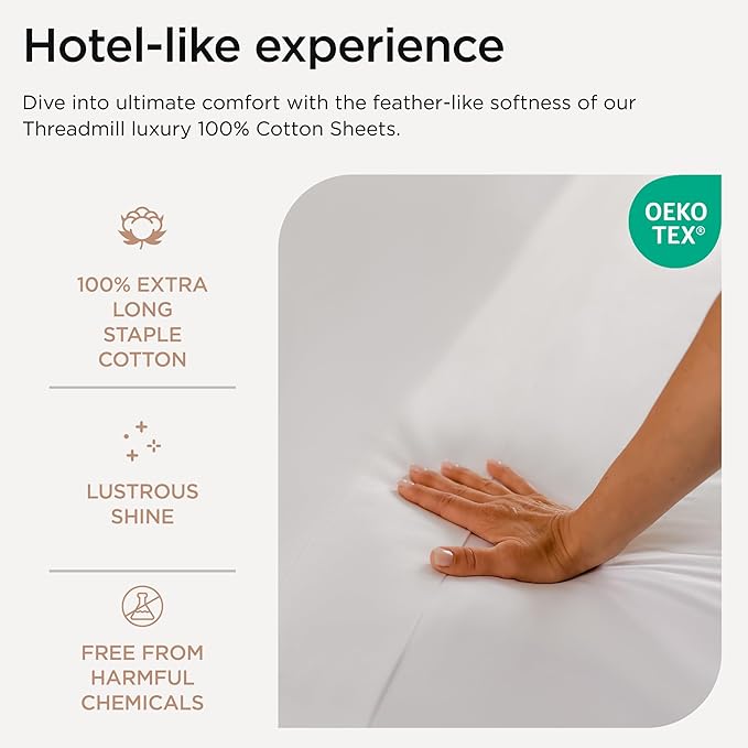 Threadmill Luxury 800 Thread Count Full Size 100% Cotton Sheets - Hotel White Sateen Weave Bed-Sheets, Better Than Egyptian Cotton, 4 Pc Solid Bed Set, Fits 16" Deep Pocket