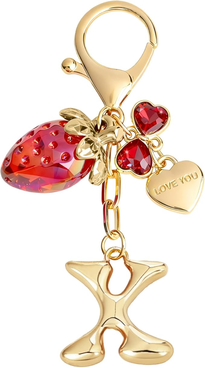 Snycler Bubble Initial Keychain with Strawberry & Bow- Gold Letter Bag Charms for Women, Cute Purse Handbag Accessories