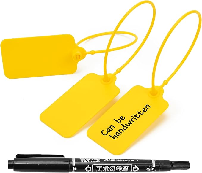100pcs Luggage Tags Plastic Seals Shipping Label Logistics Sign Tie Bag Tag, Sealing Storage Multi Purpose Name ID Tag with Marker for Suitcases, Backpack, Schoolbag, Car Key (Yellow)