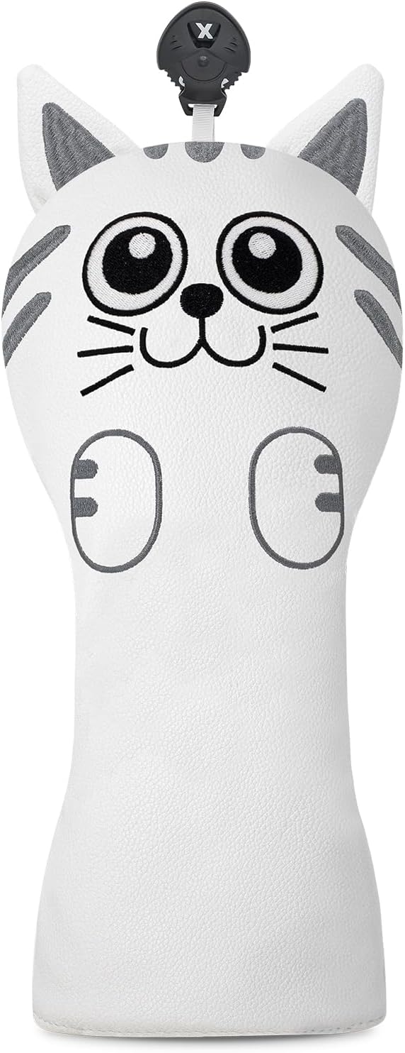 Golf Kitty Head Cover Golf Club White Leather Headcovers 1pc/4pcs Set Fits Driver Fairway Wood Hybrid Utility Putter Iron Wedge Headcover.