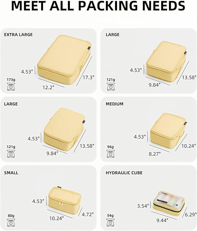 6 Set Compression Packing Cubes for Travel, Large Medium Small Luggage Organizers, Storage Bags for Clothes and Essentials (6 Pack, Bright Yellow)