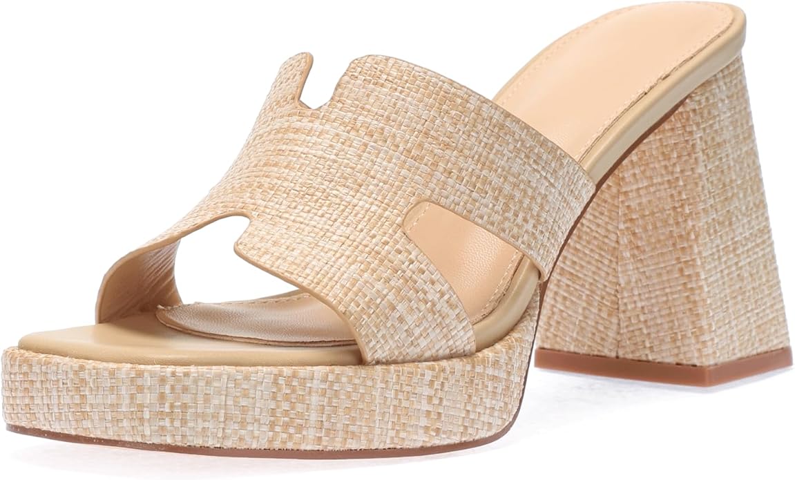 Monrovia Womens Sandals Heels for Women Slide On Block Chunky Platform High Heels Open Toe Raffia Wedge Sandals