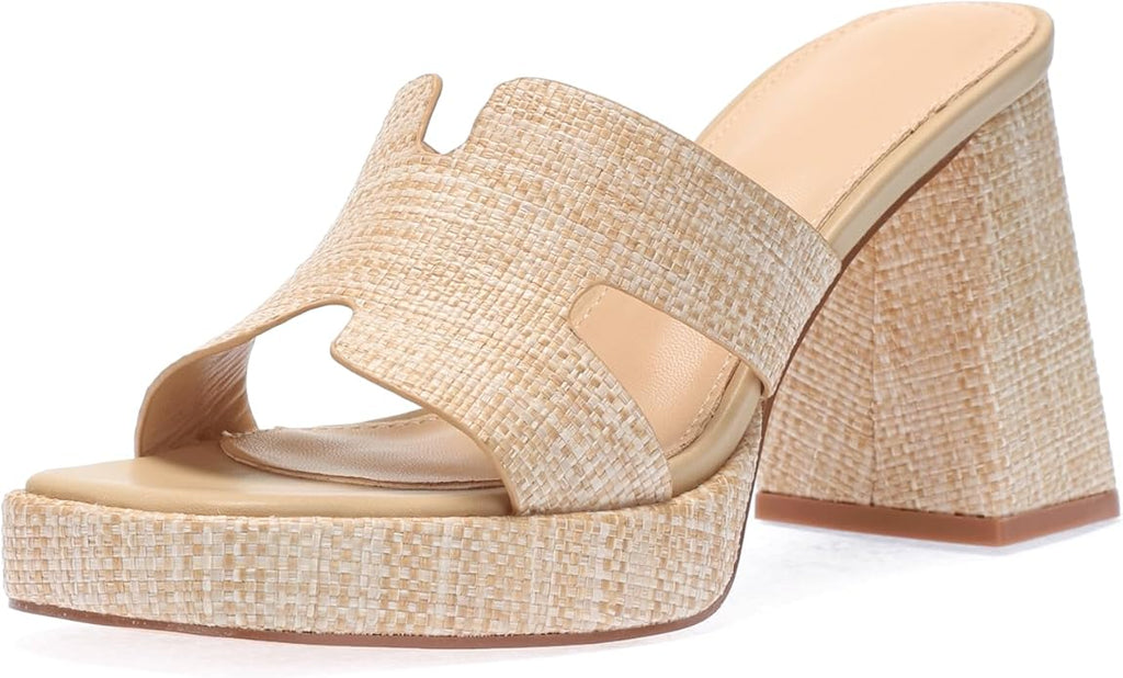 Monrovia Womens Sandals Heels for Women Slide On Block Chunky Platform High Heels Open Toe Raffia Wedge Sandals
