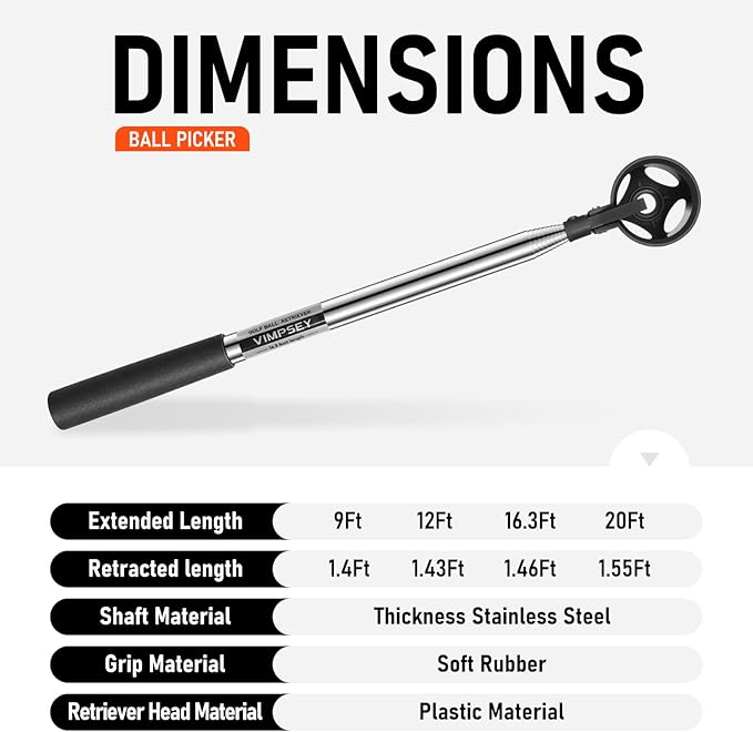 9Ft/12Ft/16.3Ft/20Ft Golf Ball Retriever for Water Telescopic, Stainless Steel Ball Retriever Tool Golf Ball Grabber