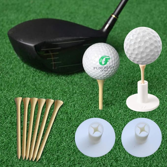 KEEPUP 10 Set Golf Rubber Tee Holder Set for Driving Range Golf Practice Mat Indoor Outdoor Size 1.5 Inch (10 Golf Rubber Tee Holders, 10 Bamboo Tees)