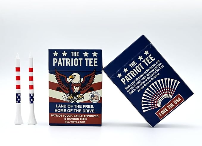 TeeTime. Patriot Golf Tees 18 Premium Bamboo Golf Tees (83mm) – Red, White & Blue American Flag Themed – Durable, Eco-Friendly Novelty Golf Tees – USA Eagle Packaging