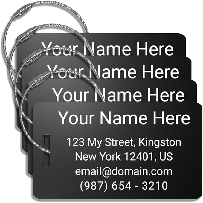 Heavy Duty Personalized Luggage Tags for suitcases - Handmade Customized Laser Engraved Metal Luggage Tags with Stainless Steel Wire Loops Pack of 4 (Black, 2x3.5)