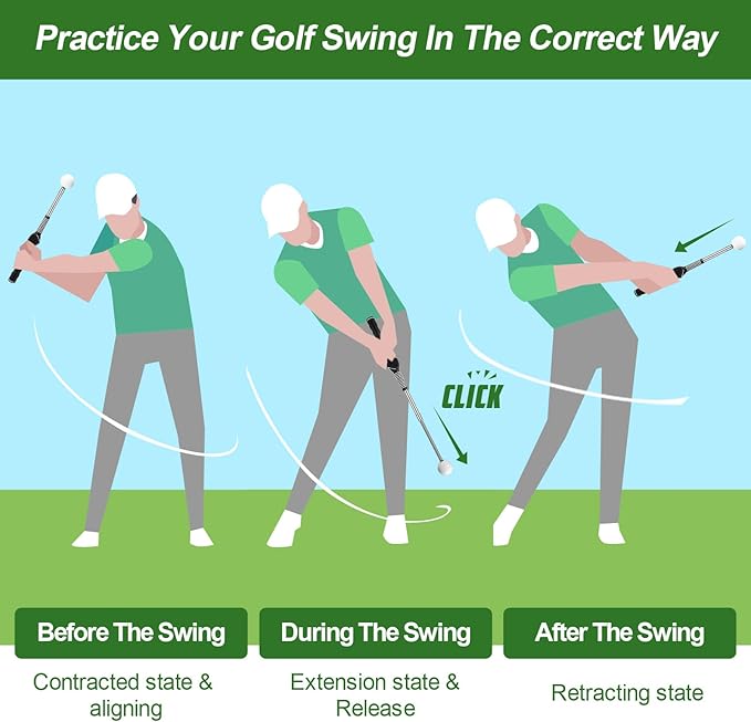 Retractable Golf Swing Trainer with Click Sound & Posture Correction Arm Band, Golf Grip Trainer for Right-Handed, Indoor & Outdoor Training Aid for Beginners to Pros
