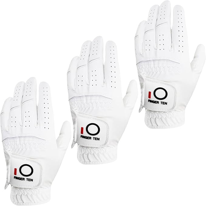 FINGER TEN All Weather Grip Golf Gloves Men Value 3 Pack for Right Handed Golfer, Hot Wet Rain Grip & Comfort Soft Glove for Premium Performance, Colors White Black Blue Sizes S M L XL