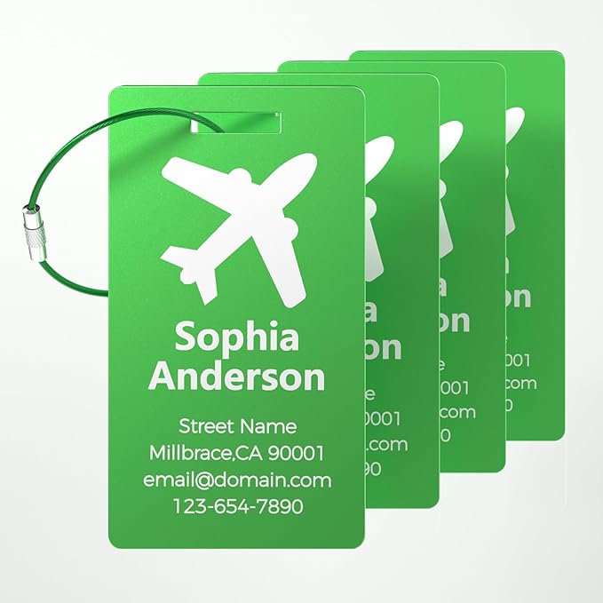 4 Personalized Metal Luggage Tags for Suitcase, Laser Engraved with Text and Logo, Custom Aluminum Name Tags with Stainless Steel Ring, for Travel, Golf Bag, and Baggage (Green)