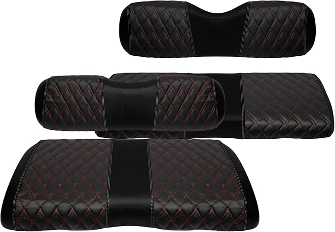 4PCS Golf Cart Diamond Seat Covers Kit, Fits EZGO RXV 2008+ Golf Cart Vinyl Replacement Seat Cover （Black Stitching, No Stapler, Easy to Clean）
