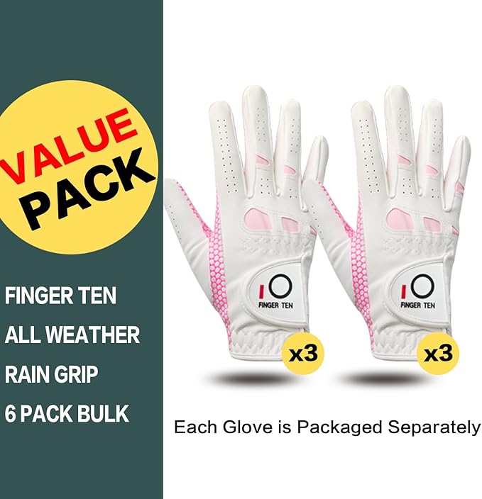 FINGER TEN Women’s Golf Gloves Ladies Left Hand Right Handed Golfer Value 6 Pack, All Weather Rain Grip Glove Pink Fit Small Medium Large XL