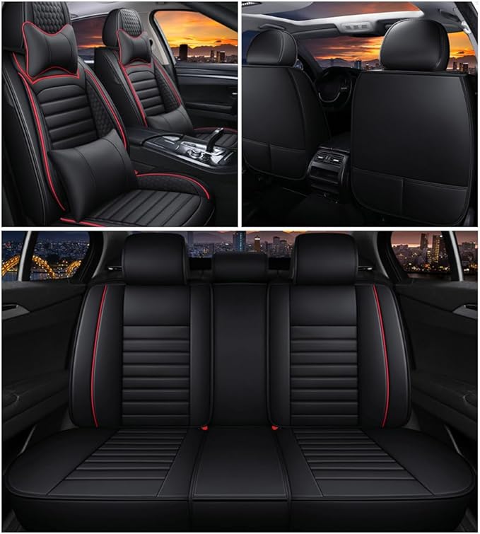 Leather Car Seat Covers for Volkswagen Golf 2001-2021,Car Seat Covers Full Set,Seat Covers with Safety,Waterproof Seat Cover Compatible Airbag(5pcs Black&Red Luxury)