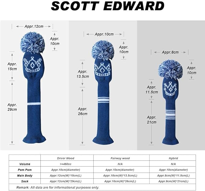 Scott Edward Knit Wood Golf Club Head Covers 4 Pieces Knitted Item Fit Over Well Driver Wood(460cc) Fairway Wood and Hybrid(UT)