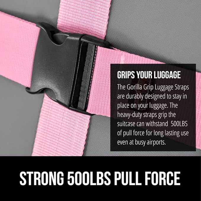 GORILLA GRIP Heavy Duty 4 Pack Adjustable Luggage Straps for Suitcases, Easy to Identify Travel Belt Connector Holds Suitcase Together, Extends Life of Bag, Strap Connects Two Bags, Accessories Pink
